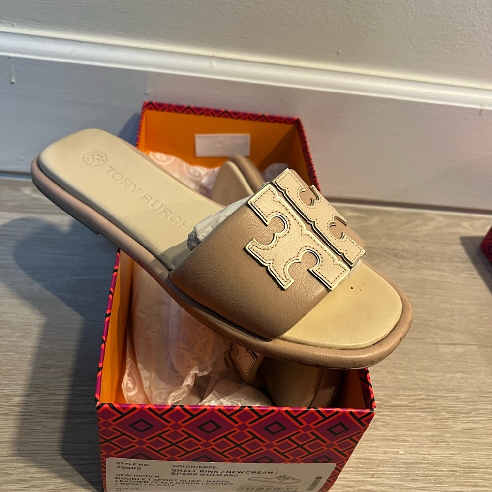 Tory Burch Tan and Cream Logo Slide Sandals